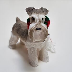 Grey Miniature Schnauzer Christmas Ornament wearing a Red and Green Scarf
